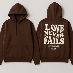SHEIN Brown Hoodie with 'Love Never Fails' Graphic